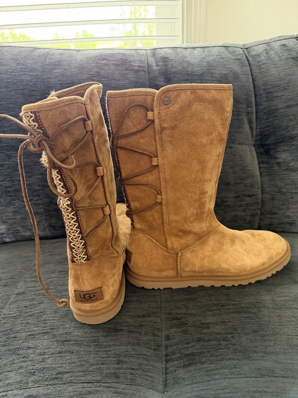 UGG Australia Lace Back Tasman Tall Tan Suede Boots Women's Size 10 Camel Color